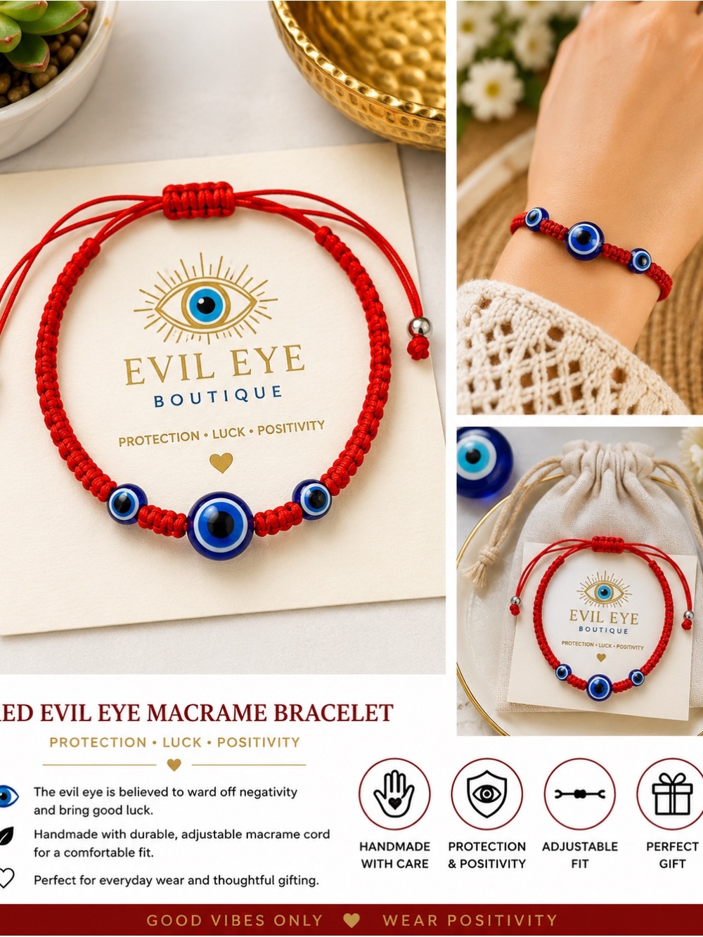Evil Eye Boutique Red Macrame Bracelet with Blue Eye Beads